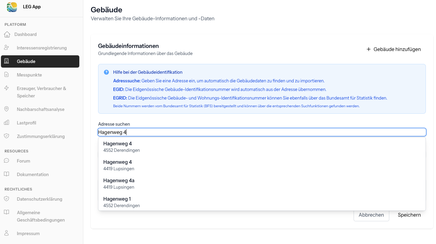 Gebäude erfassen – Adresse suchen