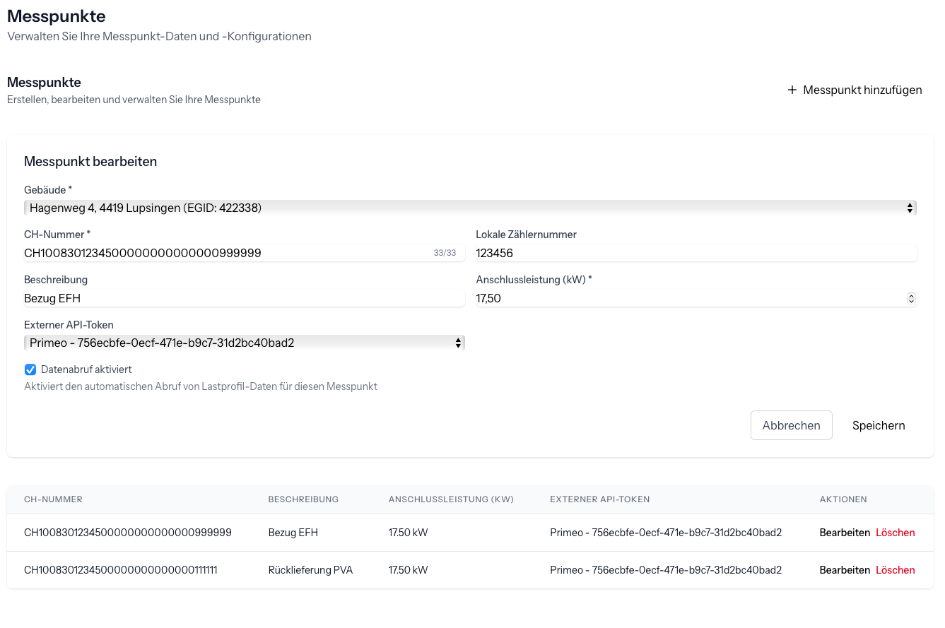 Messpunkt bearbeiten und Liste