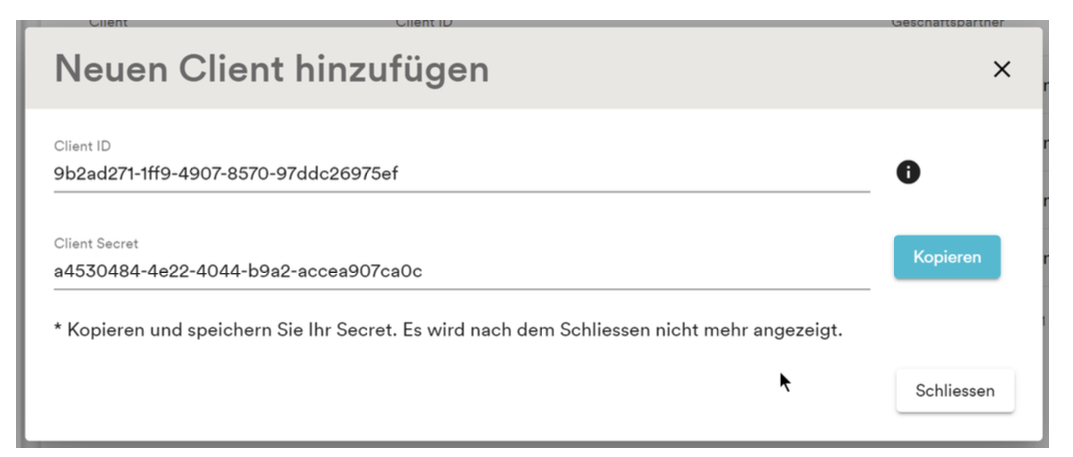 Generierte Zugangsdaten – Client ID und Secret